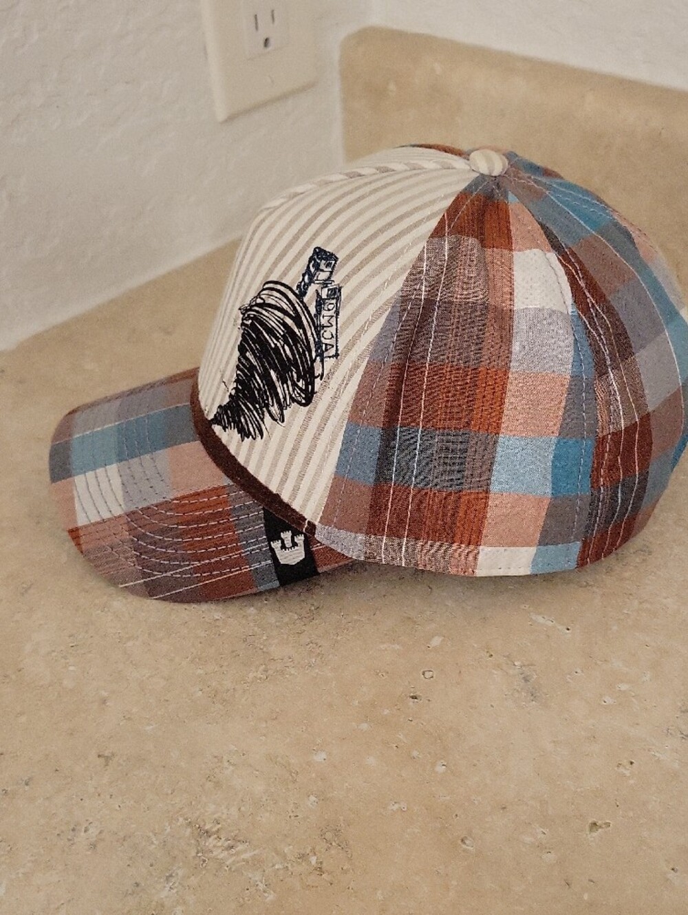 Men's Brown Plaid & Cream Stripe Baseball Cap with Tornado Graphic - Picture 3 of 6